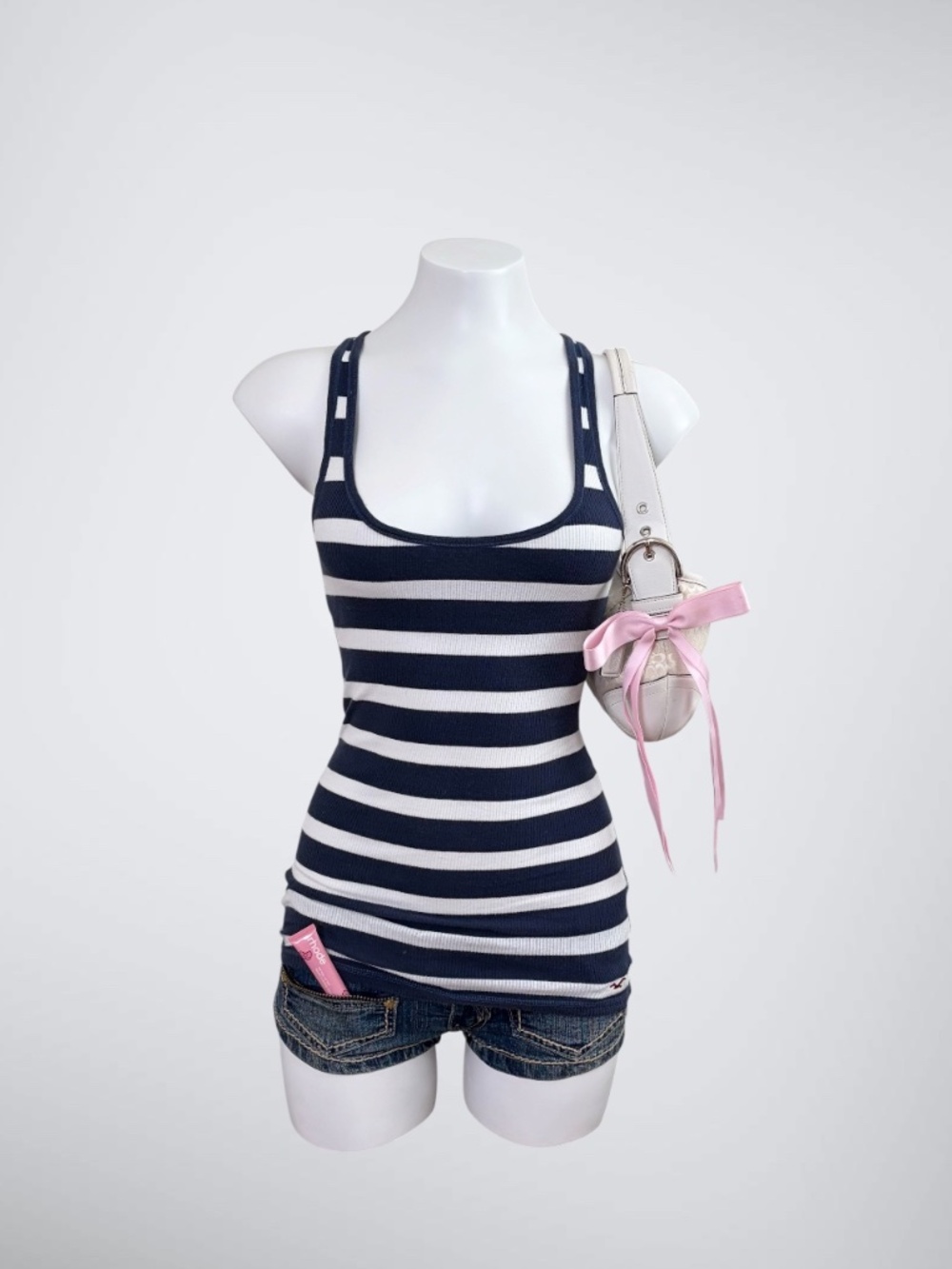 Early 2000s Hollister Navy Blue & White Striped Ribbed Tank Top | Elena Gilbert